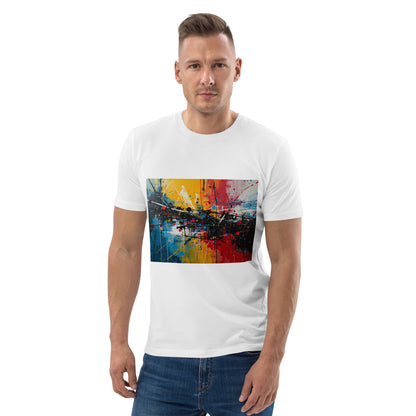 Male model wearing the City Pulse organic cotton t-shirt, front view. white