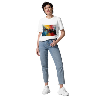 Complete view of a female model in the vegan City Pulse t-shirt. white