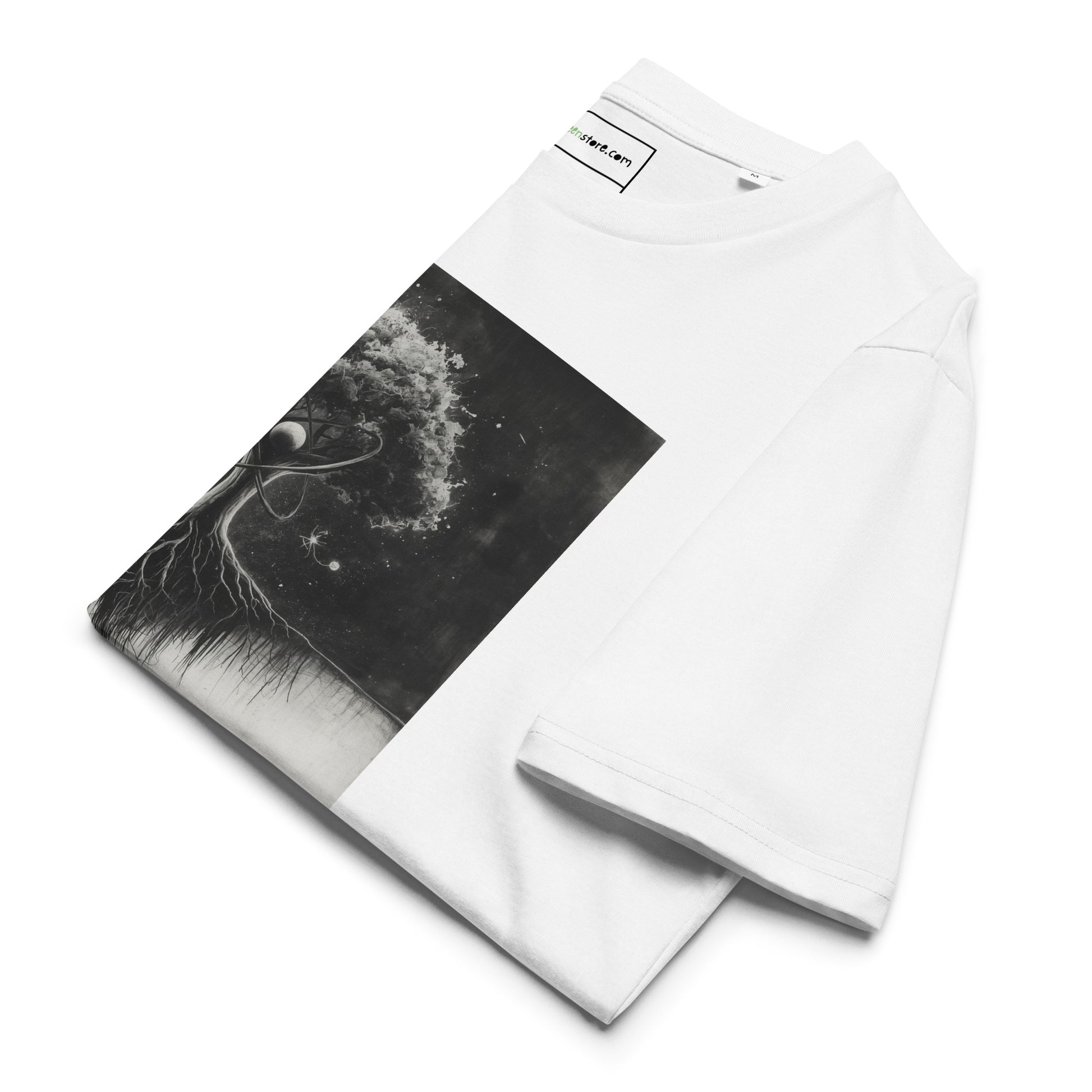 Side view of the neatly folded The Quantum Tree t-shirt highlighting the fabric.