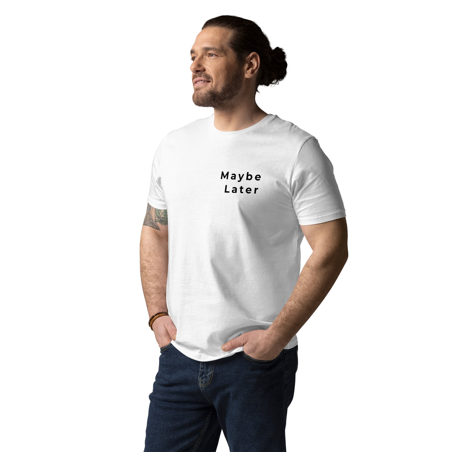 Front view of a male model wearing the unisex Maybe Later vegan tee. white