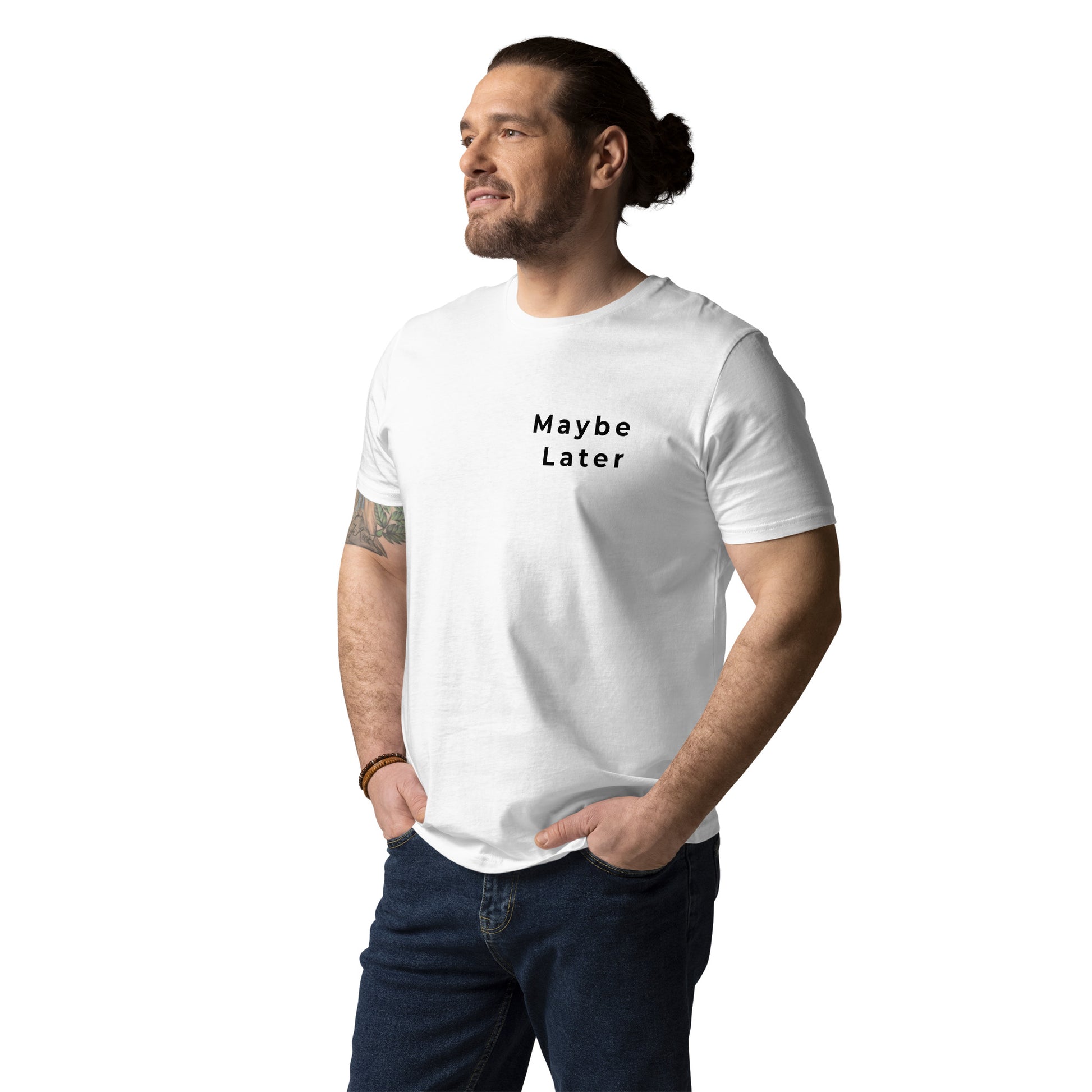 Front view of a male model wearing the unisex Maybe Later vegan tee. white