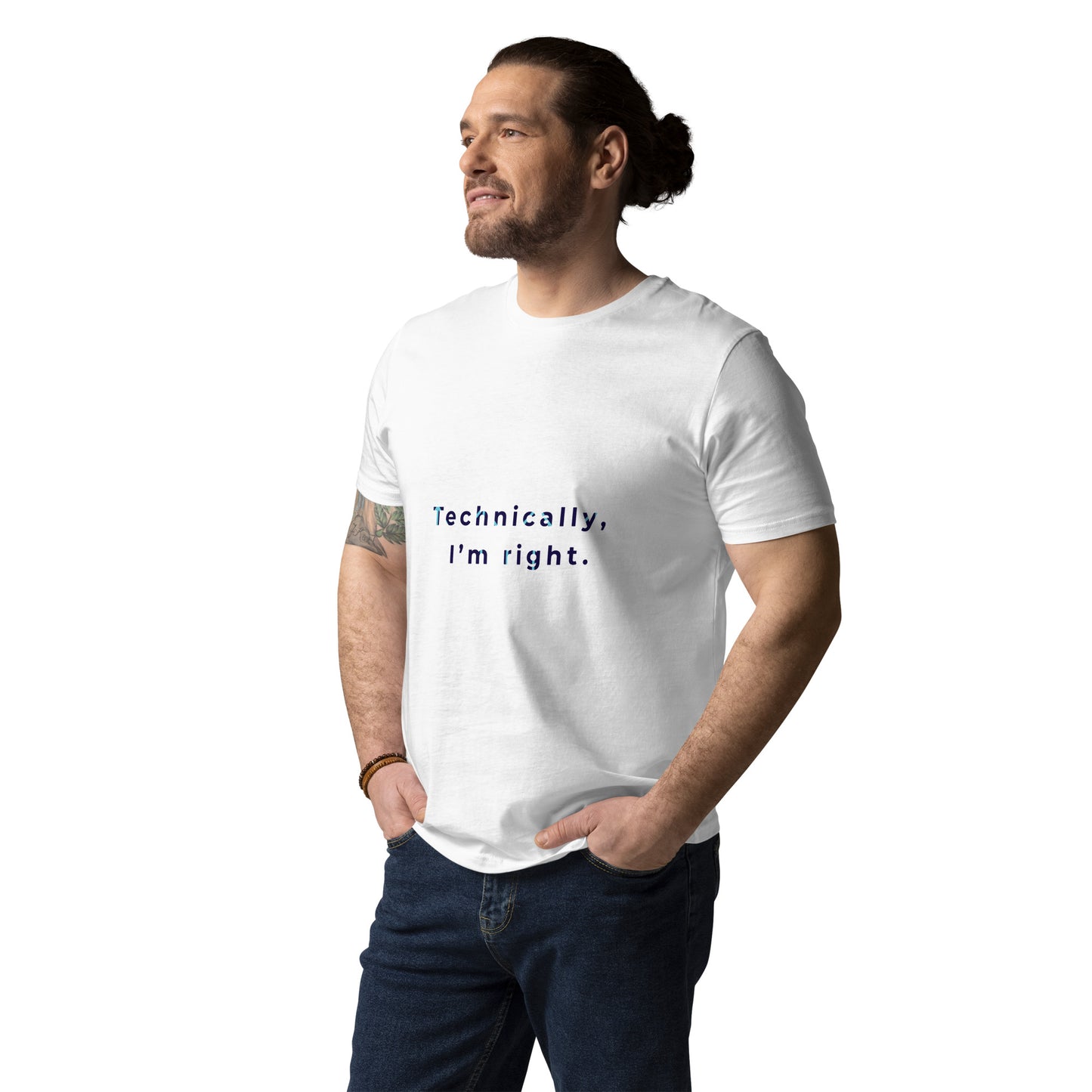Male model wearing the Technically I'm right organic cotton t-shirt, front view. white