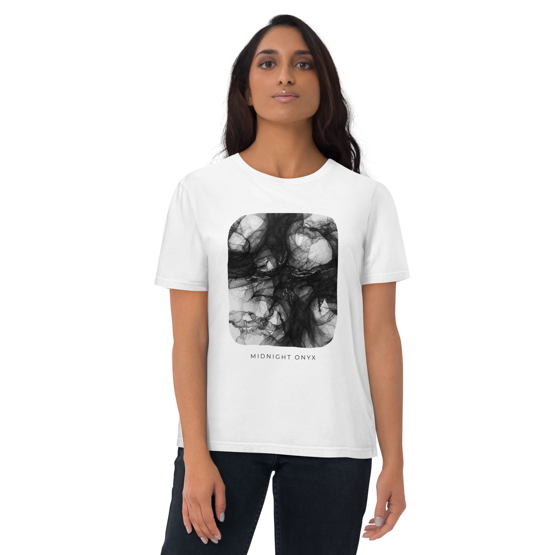 Streetwear outfit featuring the sustainable Midnight Onyx organic cotton t-shirt with black ink print.