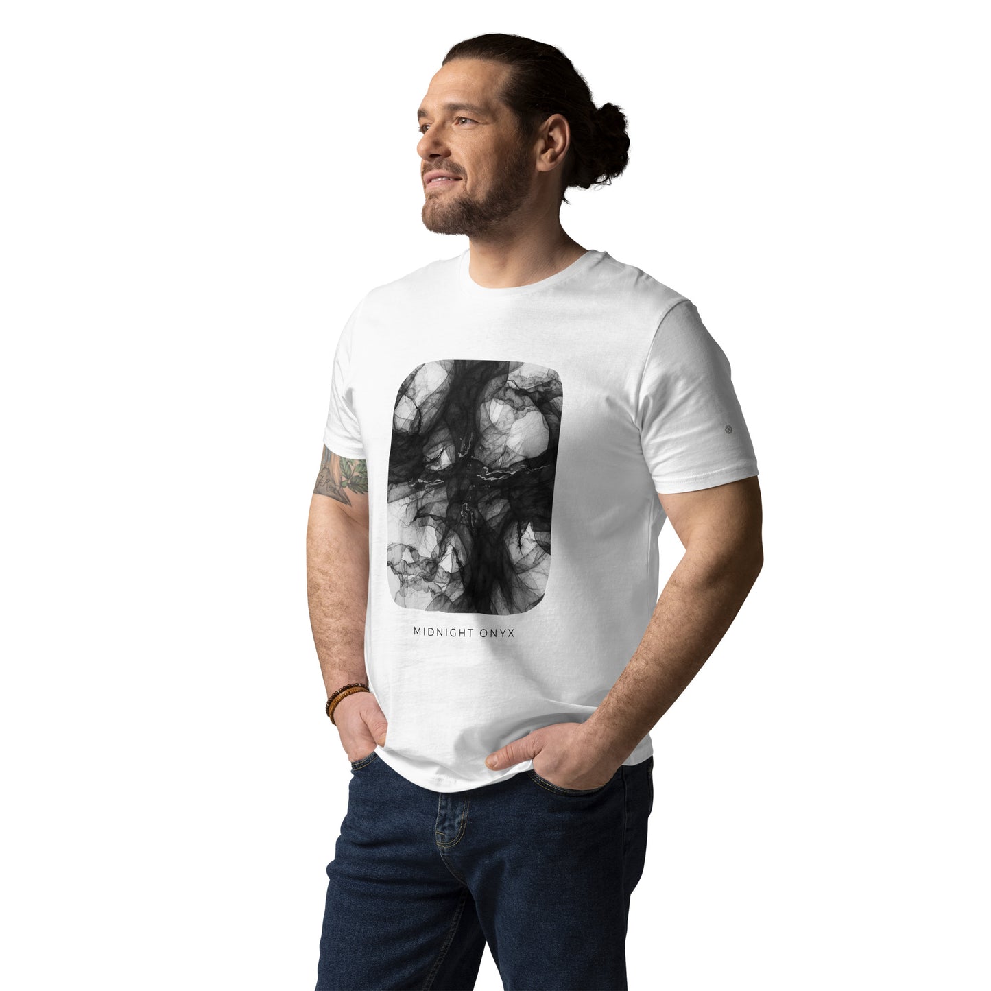 Model wearing the minimalist white Midnight Onyx graphic t-shirt with dark abstract aesthetic.
