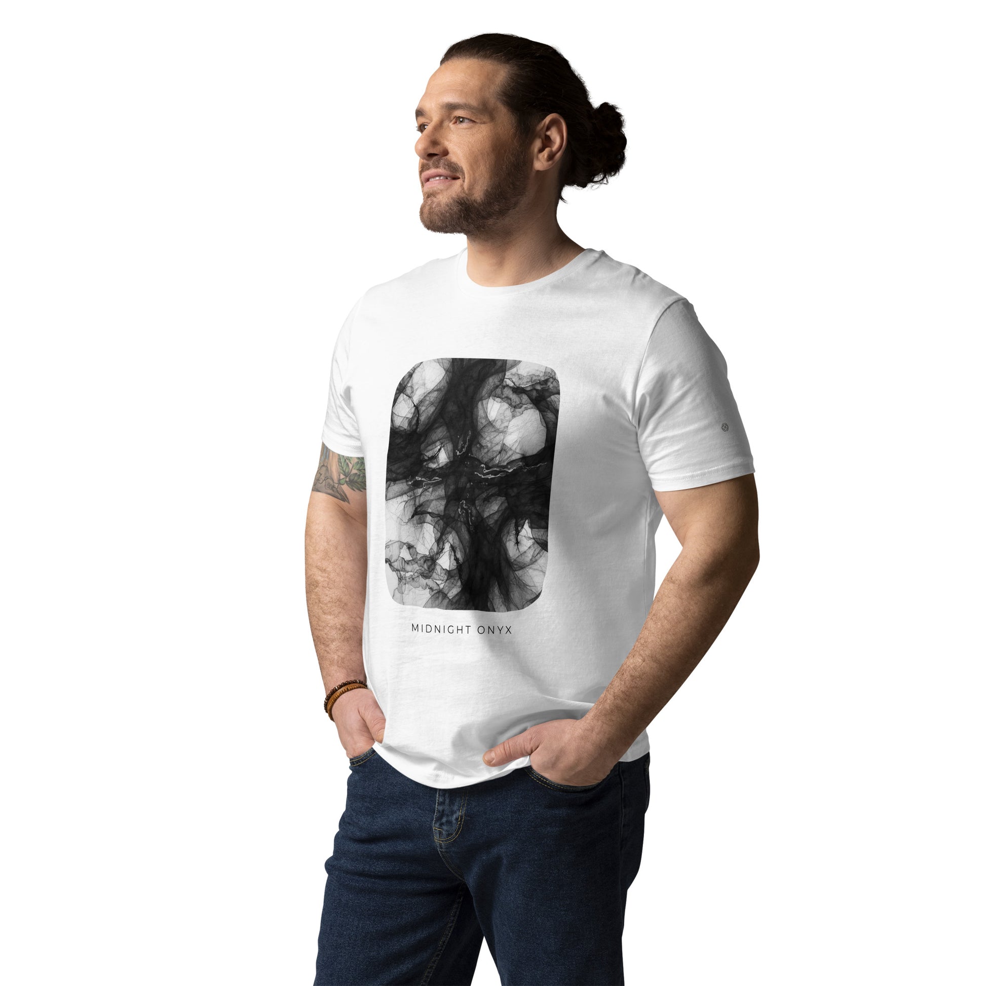 Model wearing the minimalist white Midnight Onyx graphic t-shirt with dark abstract aesthetic.