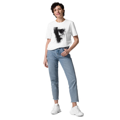 Complete view of A female model wearing That Green Store 'Soliloquy' white organic t-shirt. The detailed charcoal graphic design and red text are centered on the torso, highlighting the medium fit.