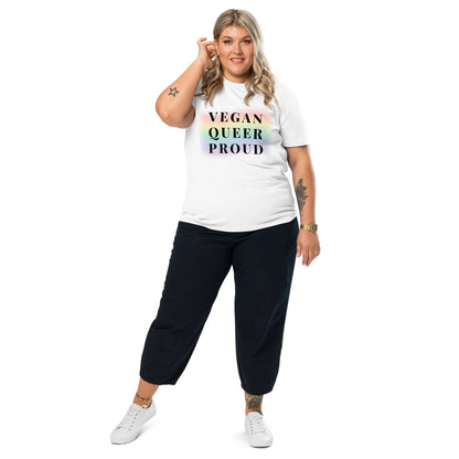 Woman wearing the white Vegan queer proud t-shirt