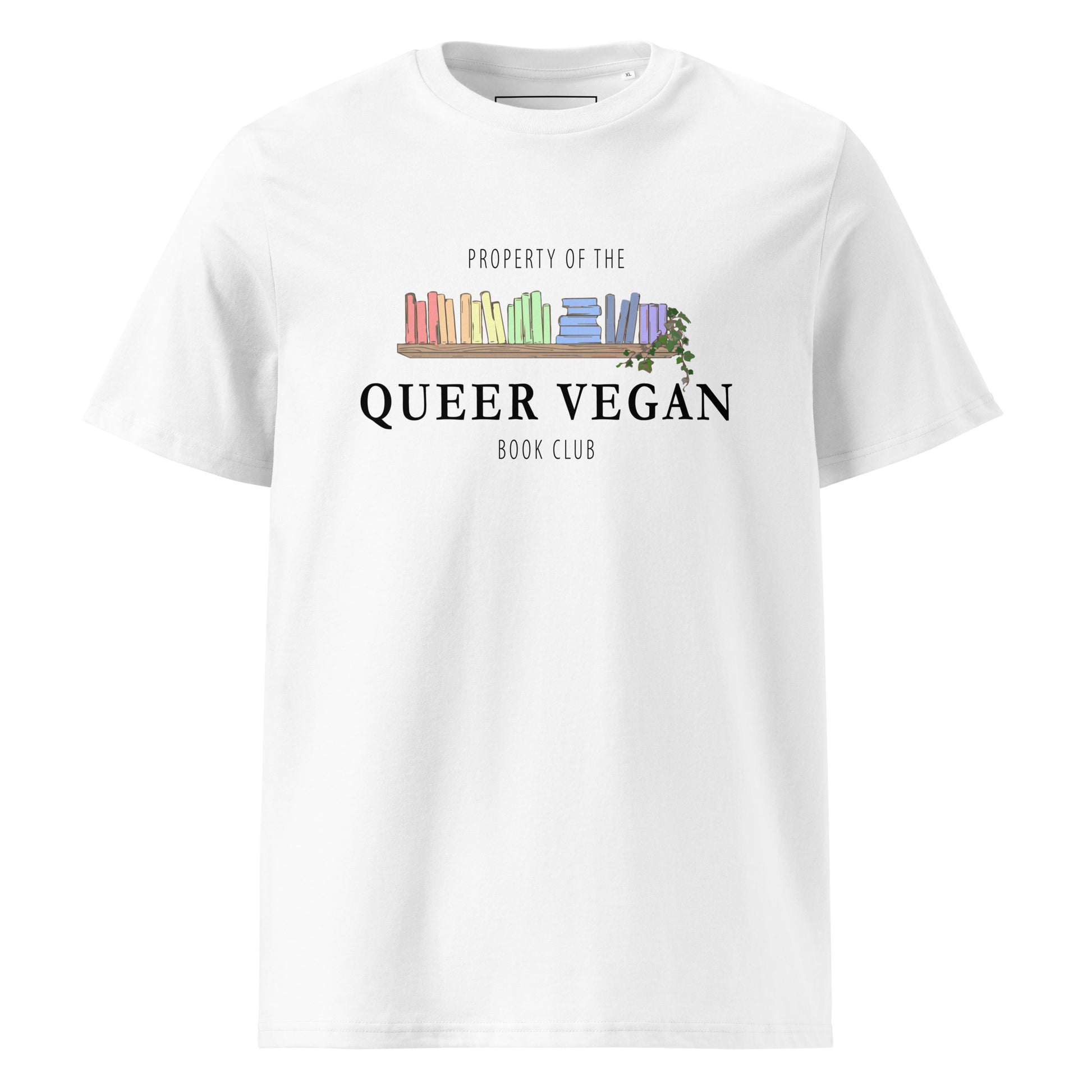 Flat lay front view of a white organic t-shirt featuring the 'Property of the Queer Vegan Book Club' illustration with pastel books.