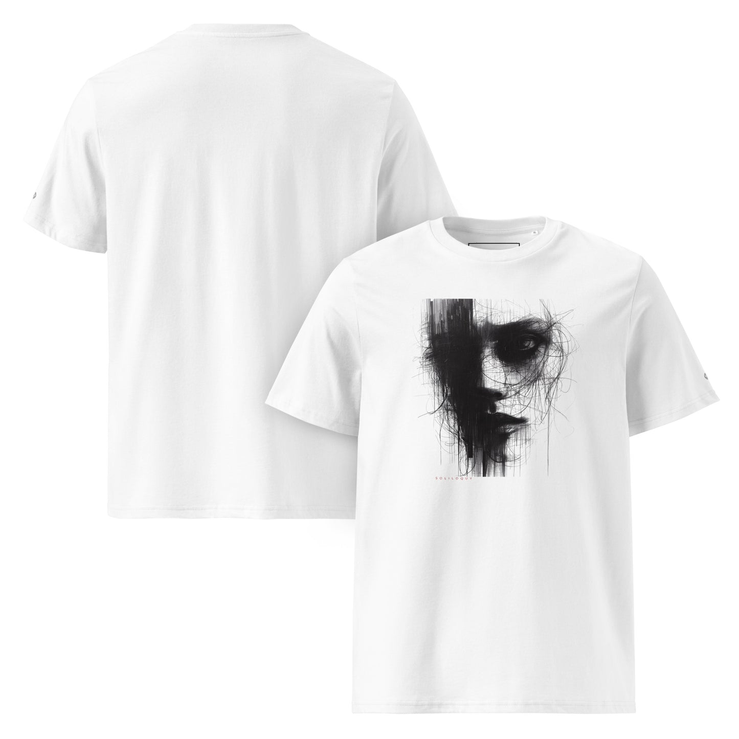 That Green Store 'Soliloquy' white t-shirt. Features a detailed dark avant-garde charcoal portrait graphic with chaotic lines, dripping ink, and the word 'SOLILOQUY' in red. Made of 100% organic cotton.