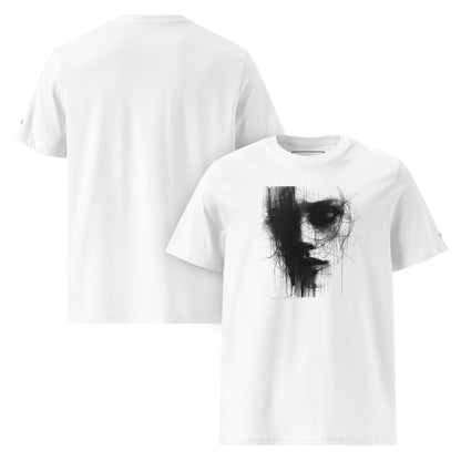 That Green Store 'Soliloquy' white t-shirt. Features a detailed dark avant-garde charcoal portrait graphic with chaotic lines, dripping ink, and the word 'SOLILOQUY' in red. Made of 100% organic cotton.