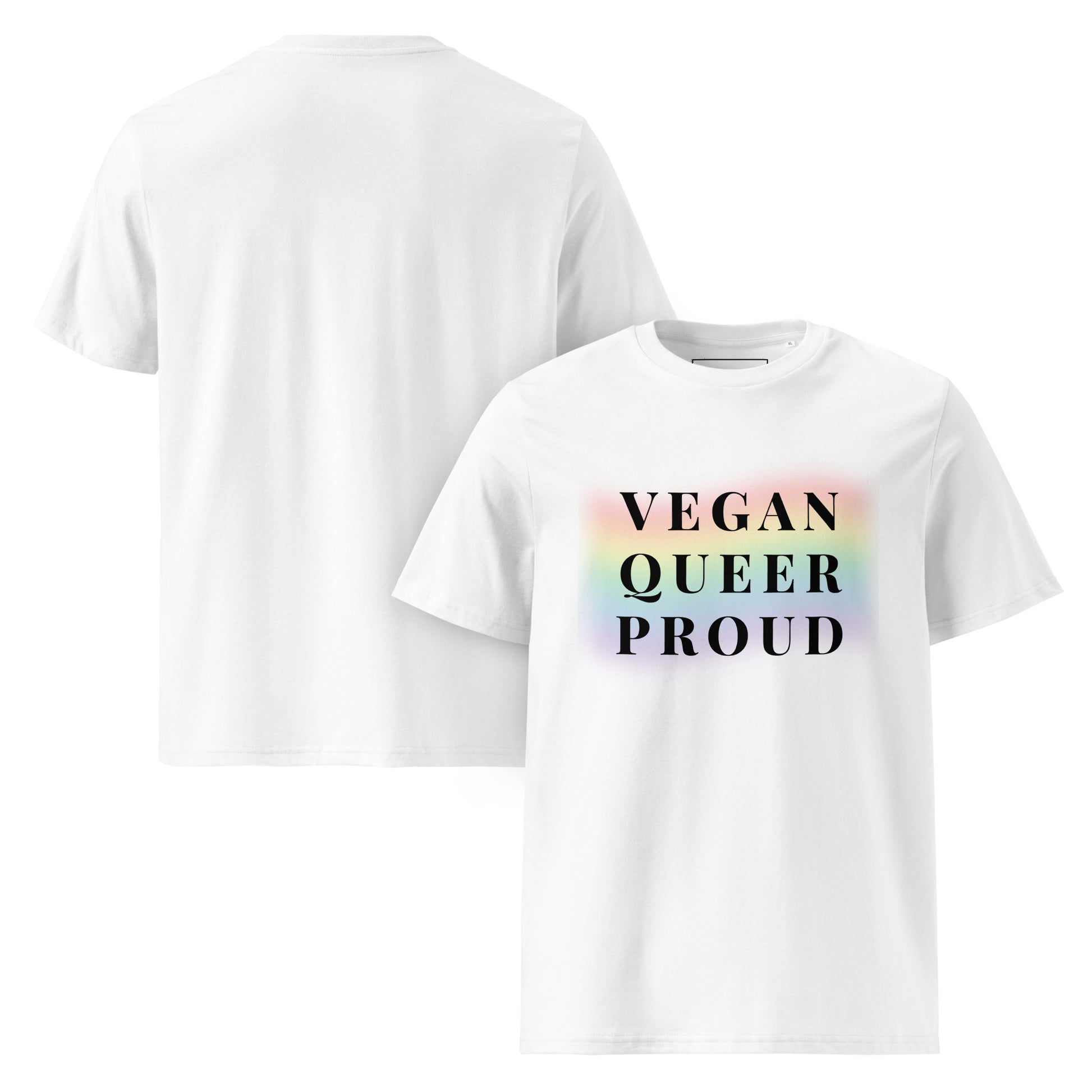 Front and Back view of the premium organic cotton t-shirt, featuring the "Vegan queer proud" graphic on the chest.