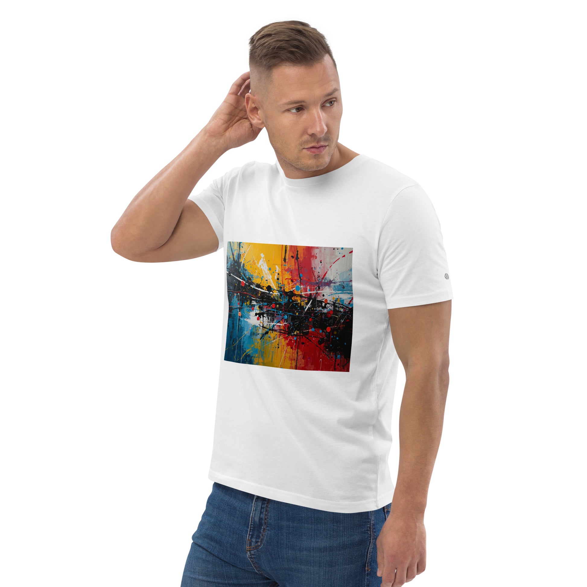Male model wearing the eco-friendly City Pulse graphic t-shirt. white
