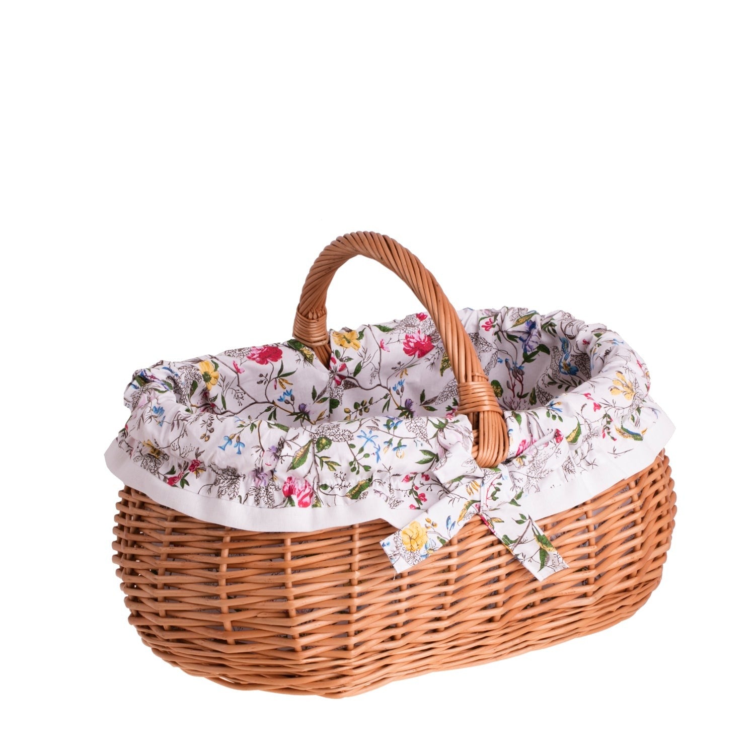 Side view Wendissa Shopping Basket With Wicker Handle And Floral Lining