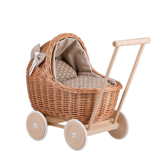 Natural wicker doll pram Lili with beige bedding set