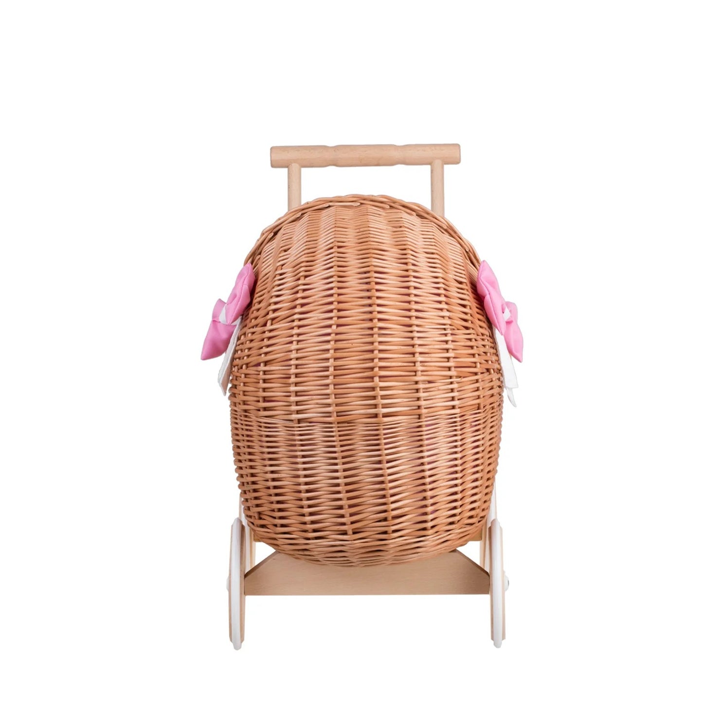 Front view Wicker Doll Pram Lili – Pink Bedding 2