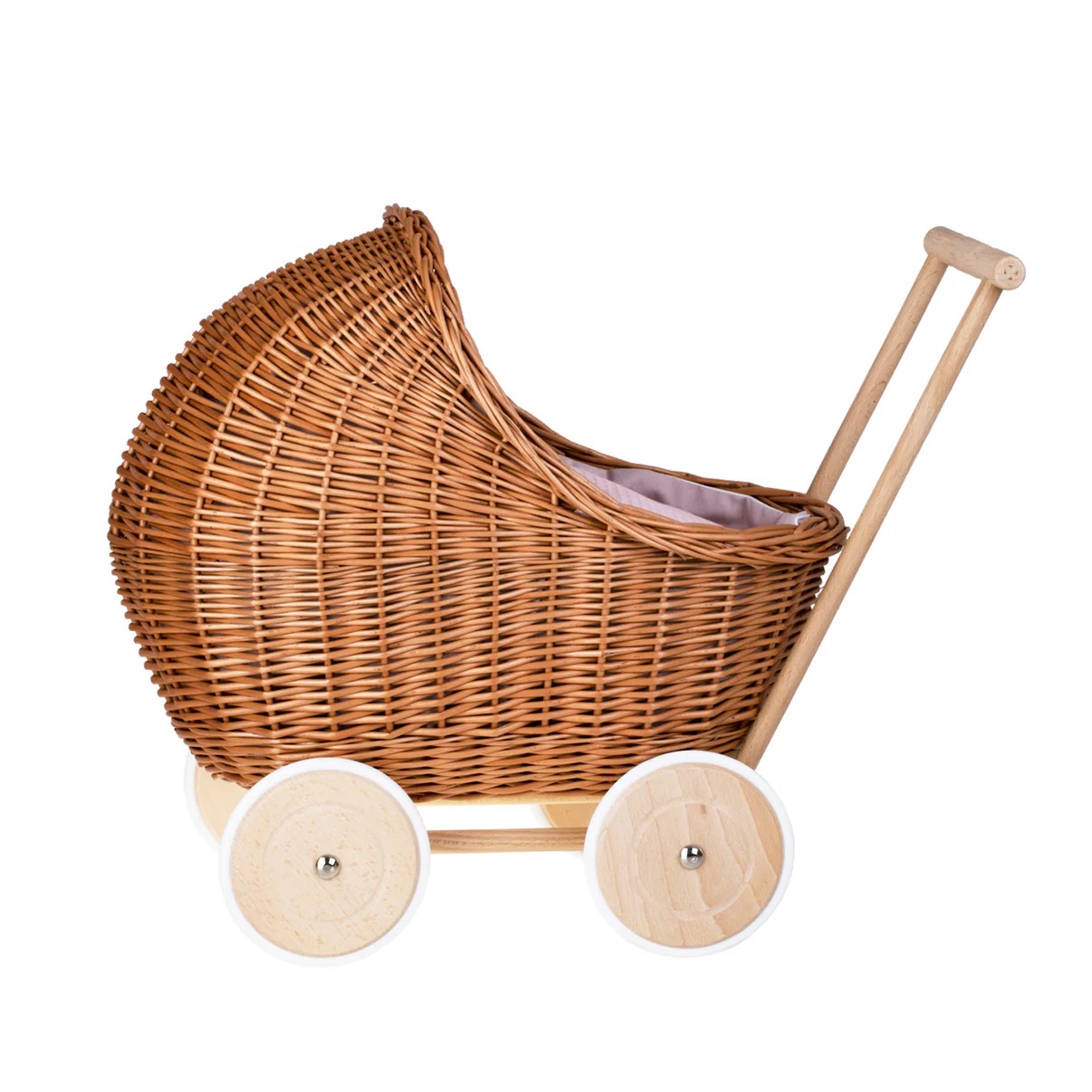 side view Wicker Doll Pram Lili – Pink Bedding