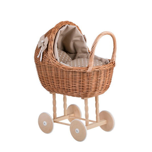 Natural wicker doll stroller Lena with beige bedding