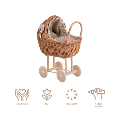 Detail Wicker Doll Stroller Lena – Beige Bedding