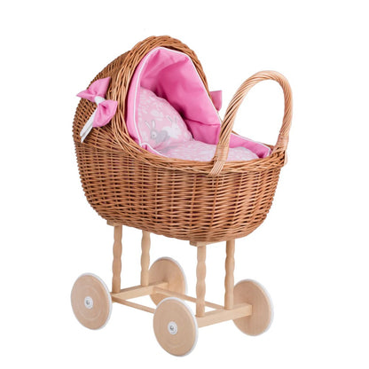 Natural wicker doll stroller Lena with pink bedding