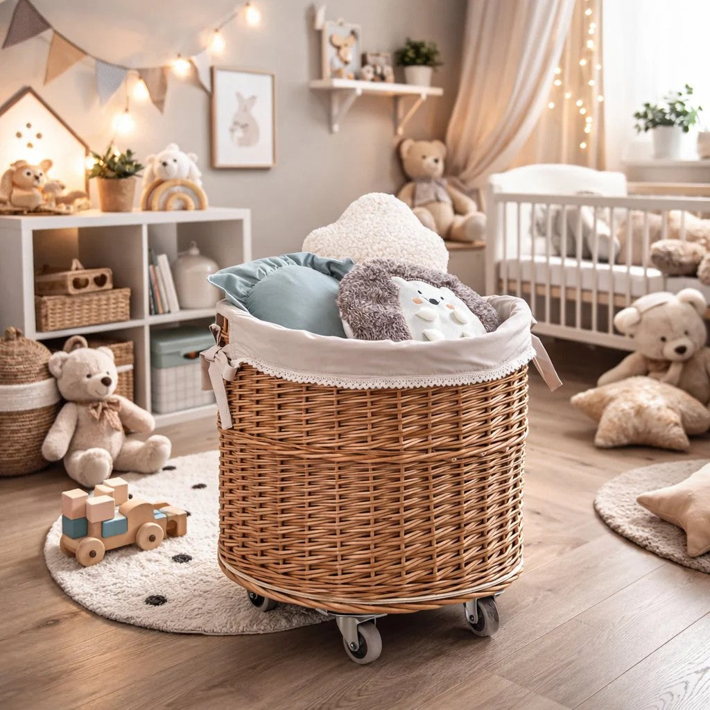 Rolling wicker storage basket for heavy household items
