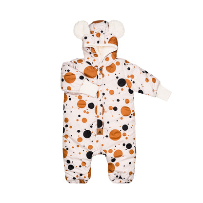 Winter Jumpsuit with Teddy Lining for Babies and Kids - Black and Orange Dots